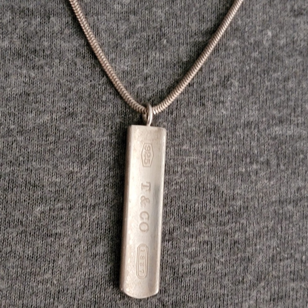 Tiffany & Co. 1837 Bar Plate Pendant Snake Chain
Necklace Sterling Silver